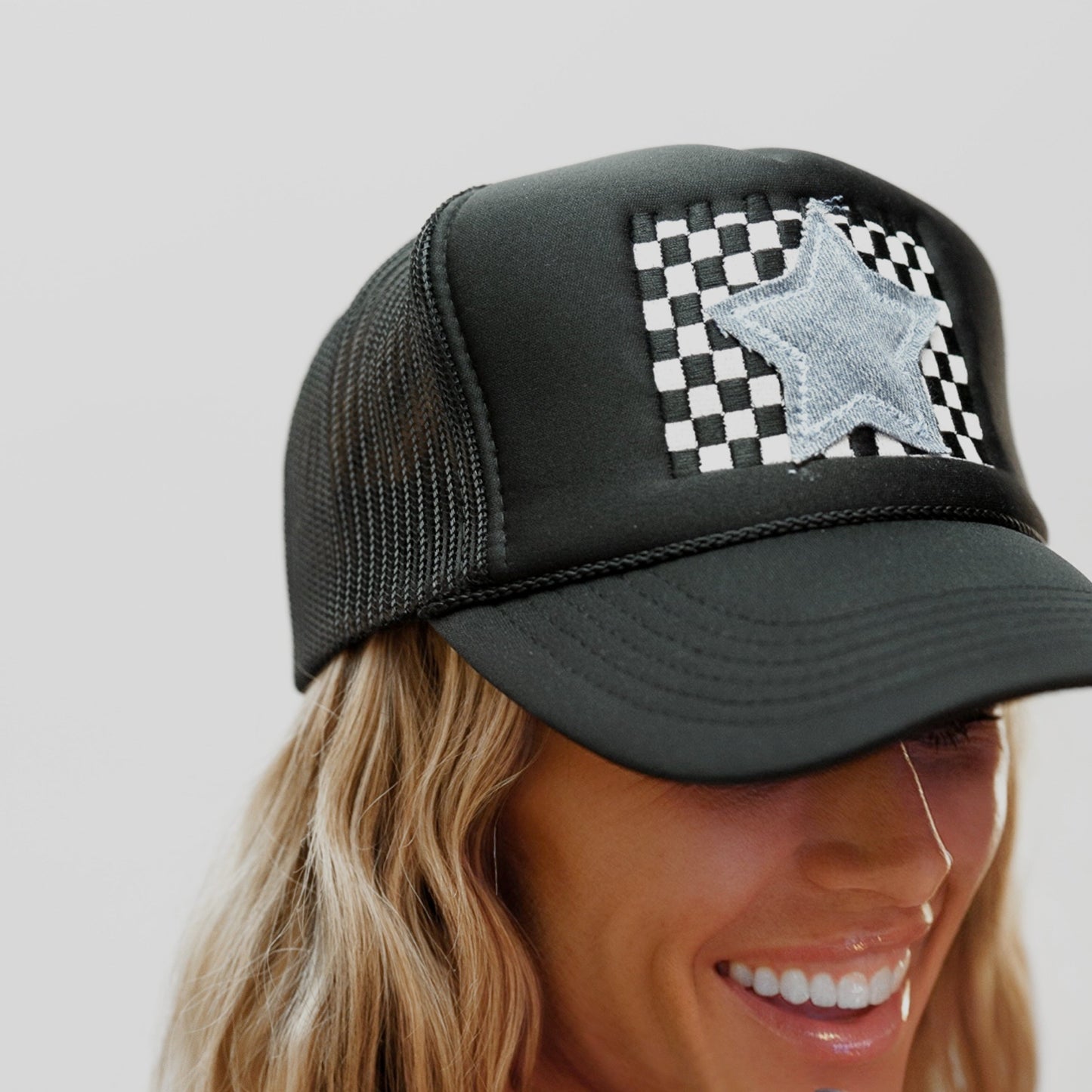 Denim Star Checkered Trucker Hat